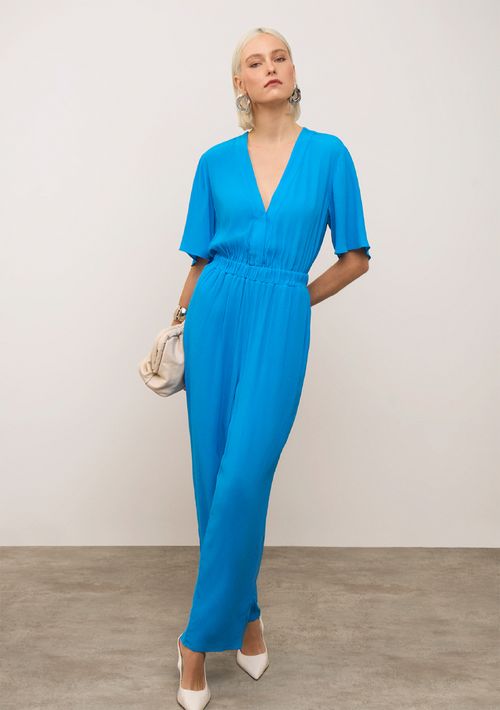 Macacão Iódice Solto Decote V Manga Curta Longo Azul