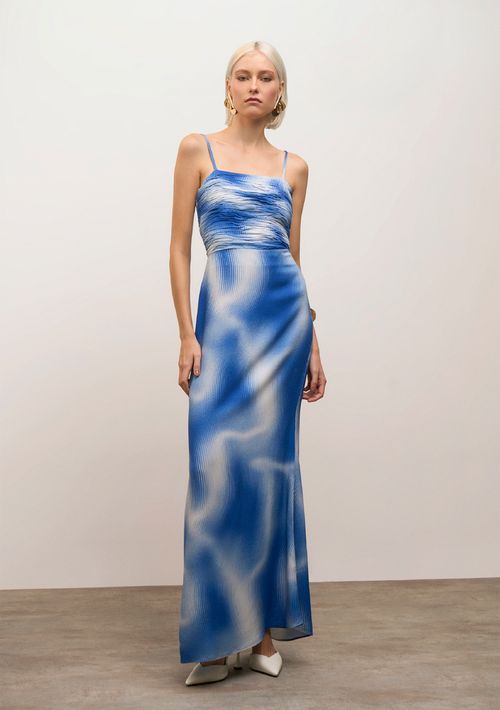 Vestido Iódice Solto Decote Reto Com Alça Longo Azul