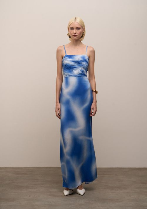 Vestido Iódice Solto Decote Reto Com Alça Longo Azul