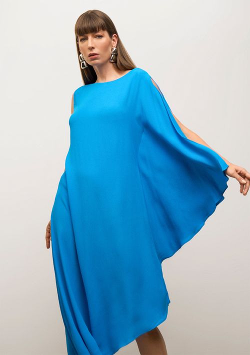 Vestido Iódice Solto Decote Canoa Manga Longa Midi Azul