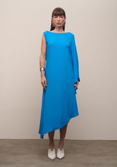 Vestido Iódice Solto Decote Canoa Manga Longa Midi Azul