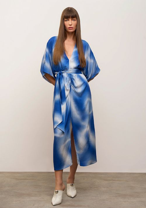 Vestido Iódice Solto Decote V Manga Curta Midi Azul
