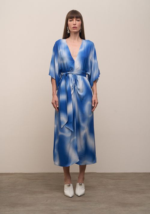 Vestido Iódice Solto Decote V Manga Curta Midi Azul