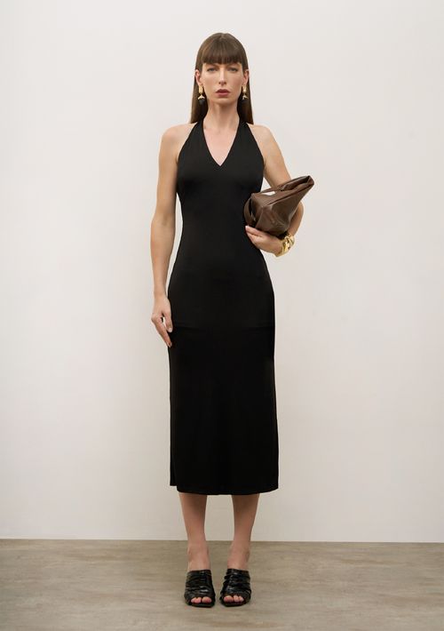 Vestido Iódice Ajustado Decote V Sem Manga Midi Preto