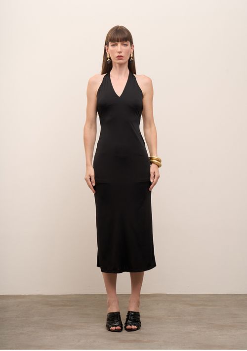 Vestido Iódice Ajustado Decote V Sem Manga Midi Preto