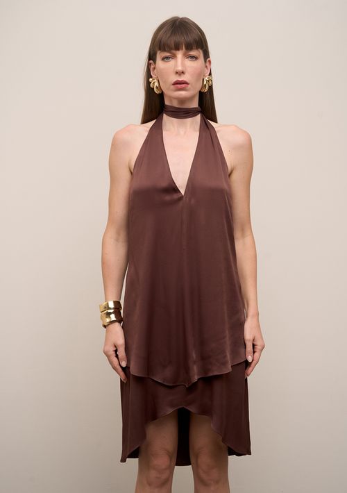 Vestido Iódice Solto Decote V Sem Manga Curto Marrom