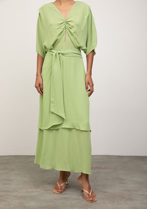 Vestido Iódice Solto Decote V Manga Longa Midi Verde
