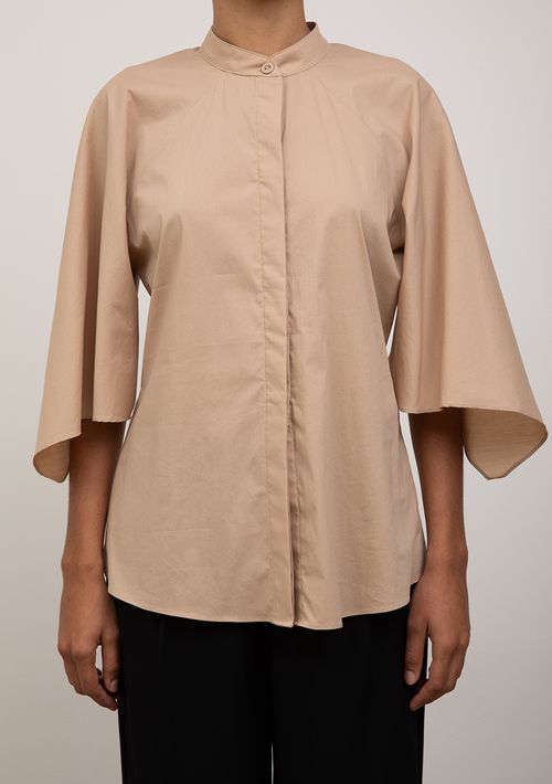 Camisa Iódice Solta Decote Careca Manga Curta Alongada Bege