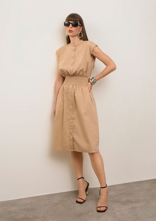 Vestido Iódice Solto Gola Clássica Sem Manga Midi Bege