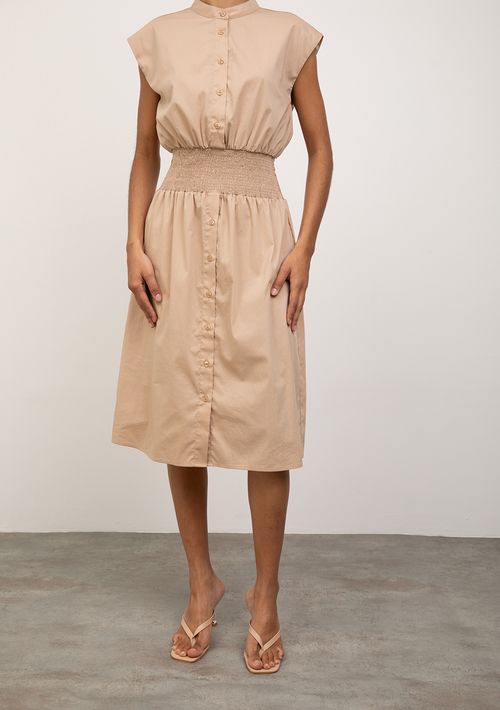 Vestido Iódice Solto Gola Clássica Sem Manga Midi Bege