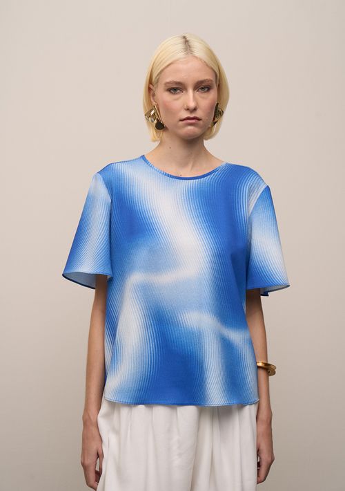 Blusa Iódice Solta Decote Careca Manga Curta Padrão Azul