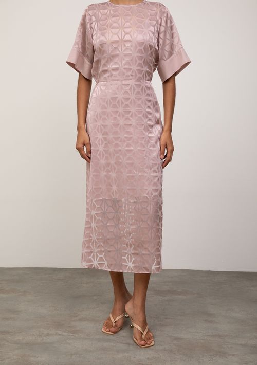Vestido Iódice Solto Decote Careca Manga Curta Midi Rosa
