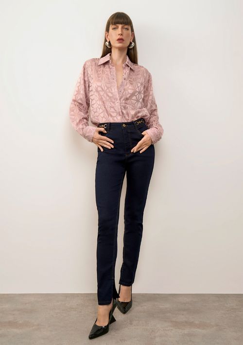 Camisa Iódice Solta Gola Clássica Manga Longa Padrão Rosa