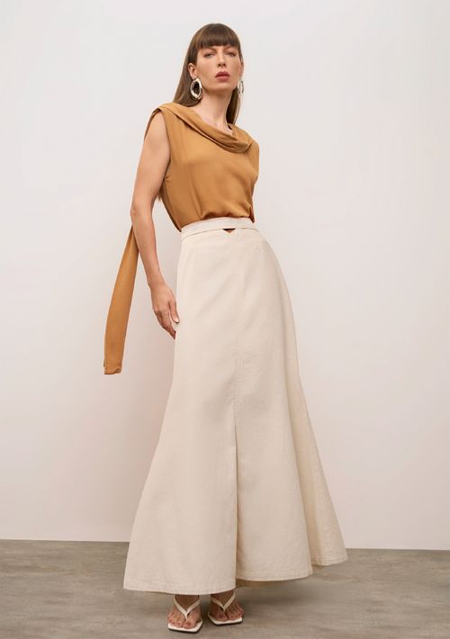 Blusa Iódice Solta Decote V Manga Curta Padrão Bege