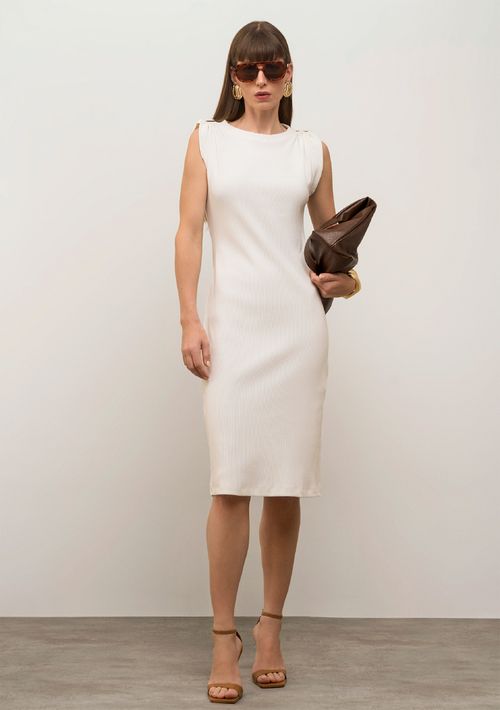 Vestido Iódice Ajustado Decote Careca Sem Manga Midi Off White