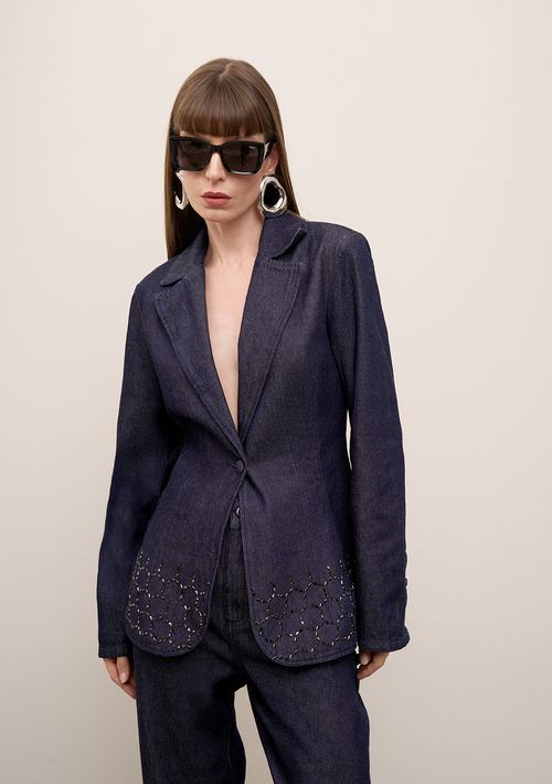 Blazer Iódice Ajustado Manga Longa Padrão Azul
