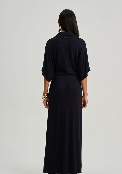Vestido Iódice Ajustado Decote V Manga 3 Quartos Midi Preto