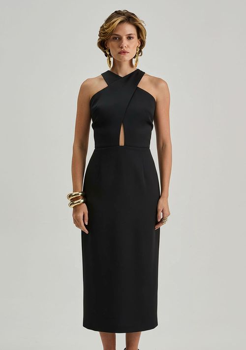 Vestido Iódice Ajustado Decote Transpassado Sem Manga Midi Preto