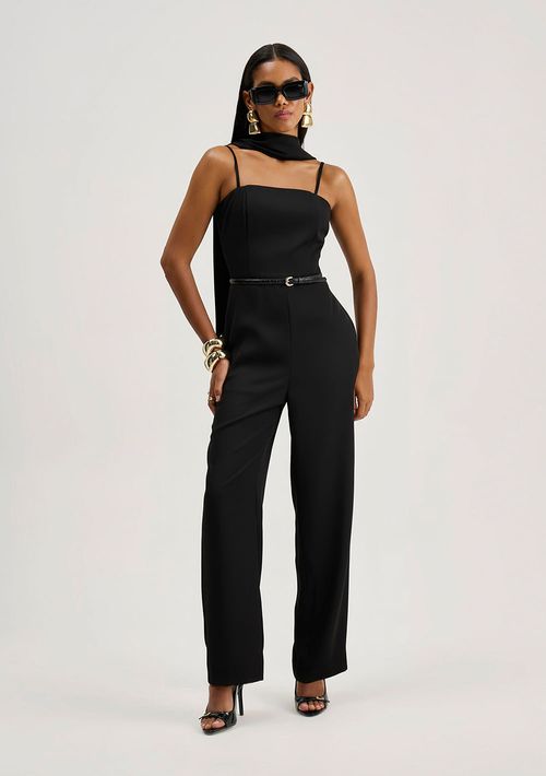 Macacão Iódice Ajustado Decote Careca Sem Manga Longo Preto