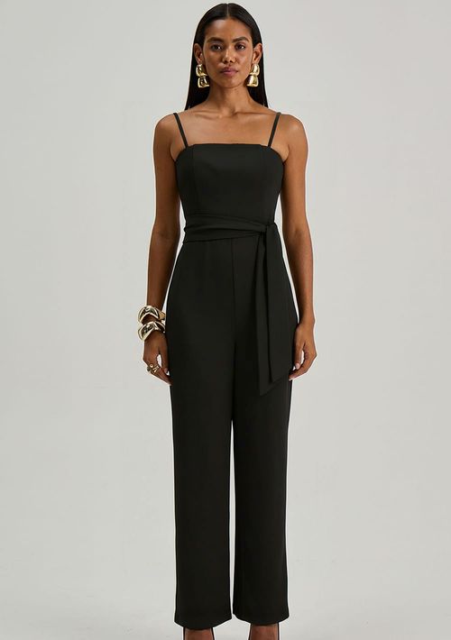 Macacão Iódice Ajustado Decote Careca Sem Manga Longo Preto