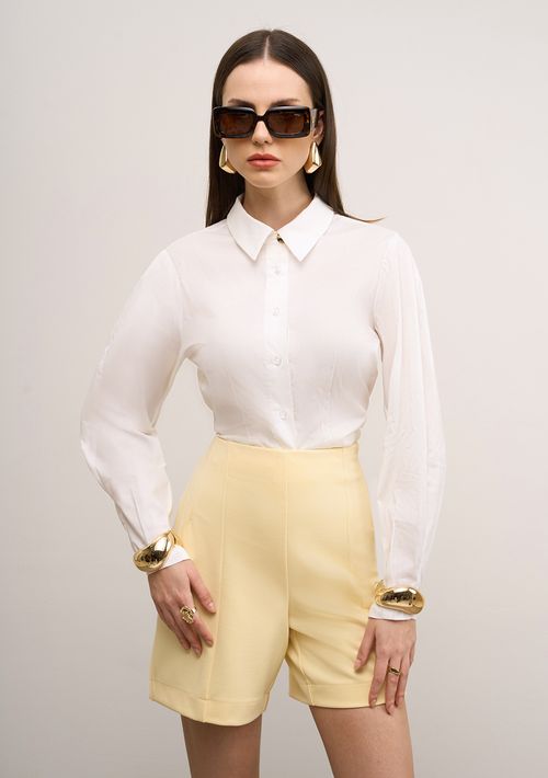 Camisa Iódice Ajustada Decote V Manga Longa Padrão Off White