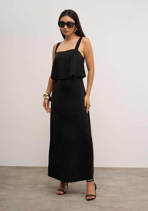 Vestido Iódice Solto Decote Reto Sem Manga Longo Preto