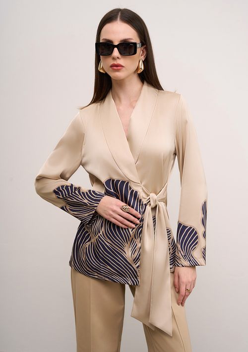 Blusa Iódice Solta Decote Transpassado Manga Longa Alongada Azul