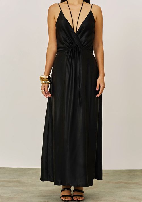 Vestido Iódice Ajustado Decote V Sem Manga Midi Preto