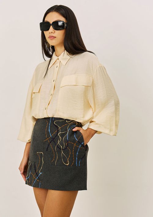 Camisa Iódice Solta Polo Manga Longa Padrão Bege