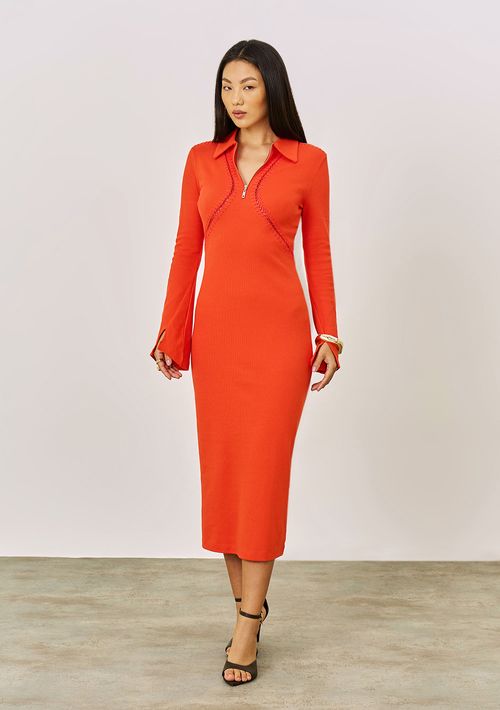 Vestido Iódice Ajustado Polo Manga Longa Midi Vermelho
