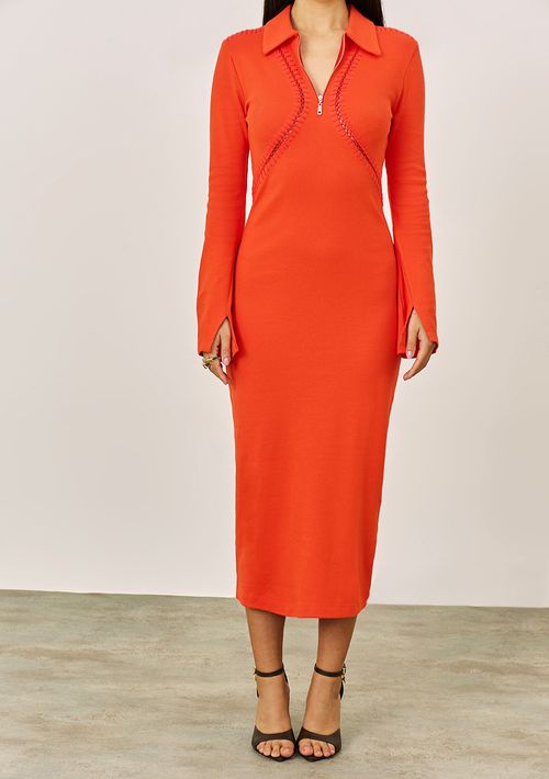 Vestido Iódice Ajustado Polo Manga Longa Midi Vermelho
