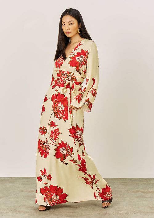 Vestido Iódice Solto Decote V Manga Longa Longo Off White