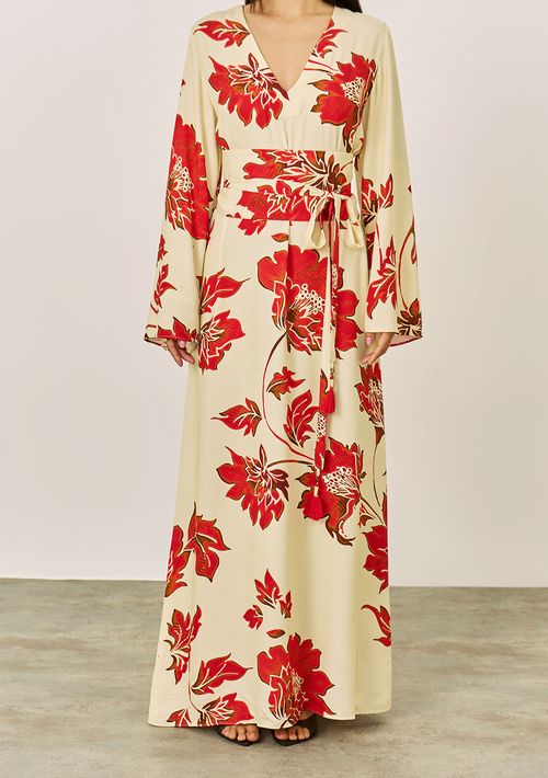 Vestido Iódice Solto Decote V Manga Longa Longo Off White