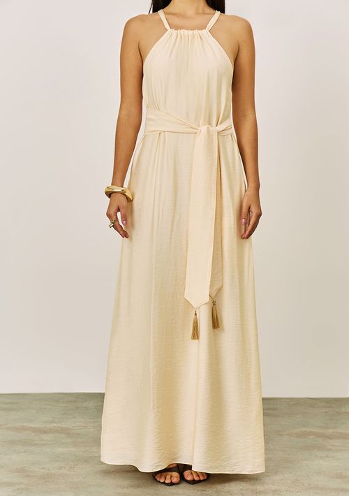 Vestido Iódice Solto Decote Careca Sem Manga Midi Bege