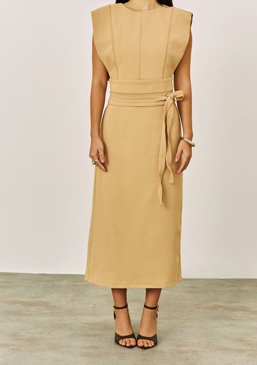 Vestido Iódice Ajustado Decote Careca Sem Manga Midi Bege