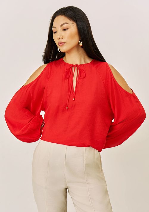 Blusa Iódice Solta Decote V Manga Longa Padrão Vermelho