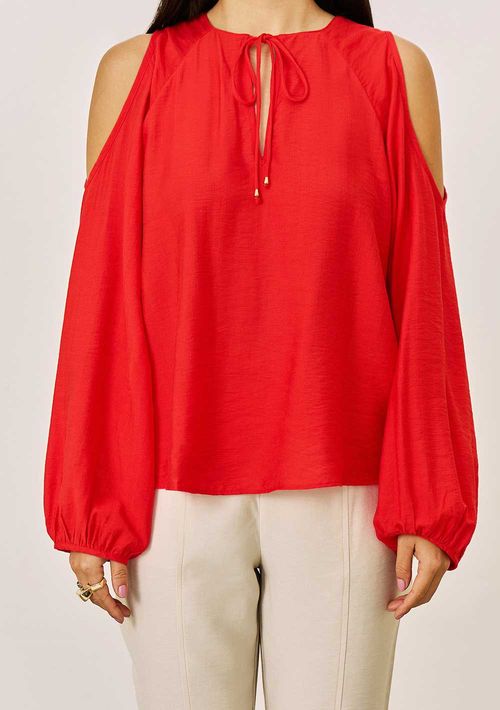 Blusa Iódice Solta Decote V Manga Longa Padrão Vermelho
