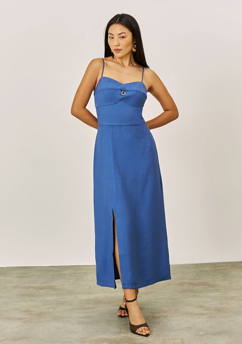 Vestido Iódice Solto Decote Reto Com Alça Longo Azul