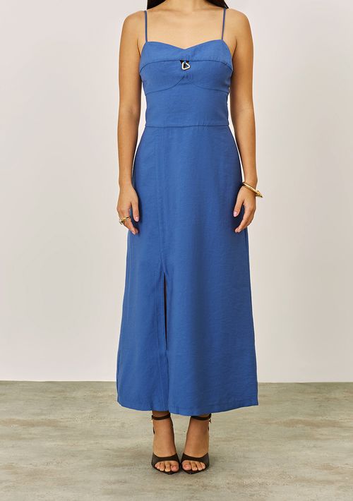 Vestido Iódice Solto Decote Reto Com Alça Longo Azul