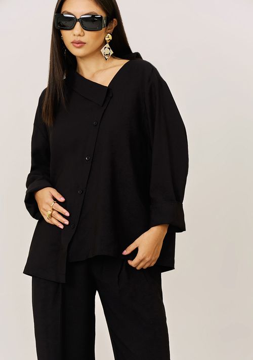 Camisa Iódice Solta Decote Canoa Manga Longa Padrão Preto