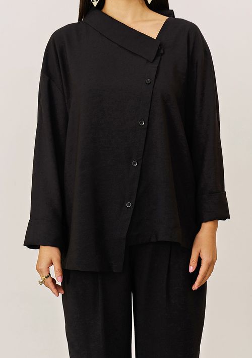 Camisa Iódice Solta Decote Canoa Manga Longa Padrão Preto