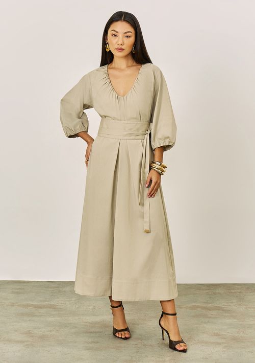 Vestido Iódice Solto Decote V Manga 3 Quartos Midi Cinza