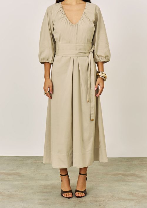 Vestido Iódice Solto Decote V Manga 3 Quartos Midi Cinza