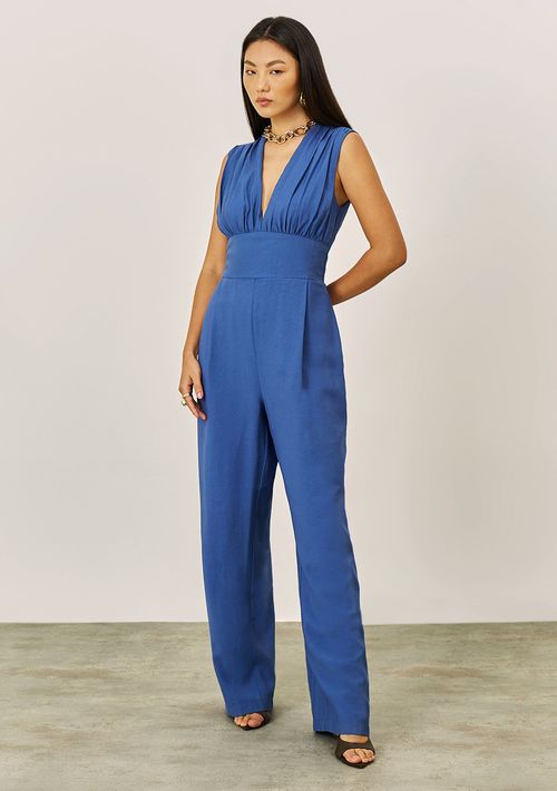 Macacão Iódice Ajustado Decote V Sem Manga Longo Azul