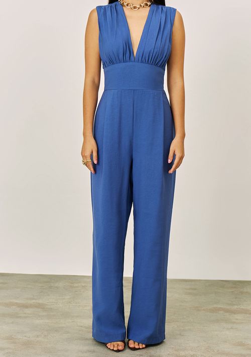 Macacão Iódice Ajustado Decote V Sem Manga Longo Azul