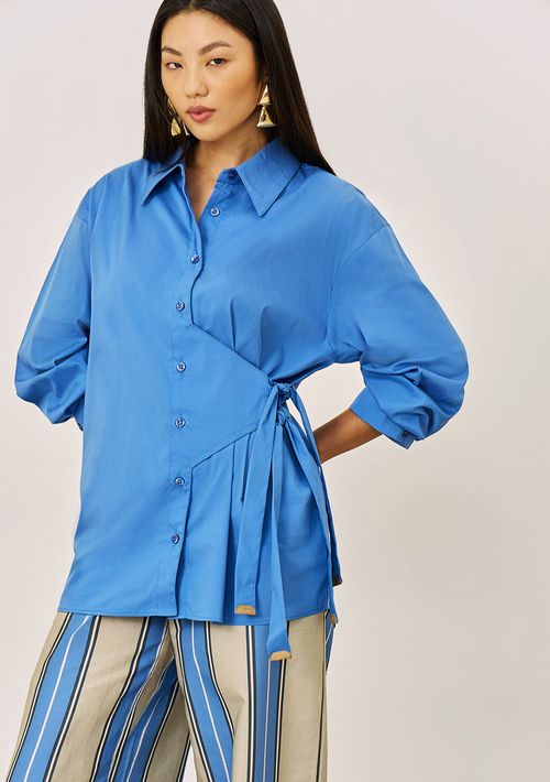 Camisa Iódice Ajustada Gola Tradicional Manga Longa Padrão Azul