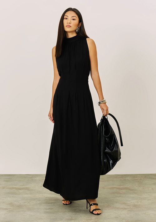 Vestido Iódice Ajustado Gola Alta Sem Manga Midi Preto