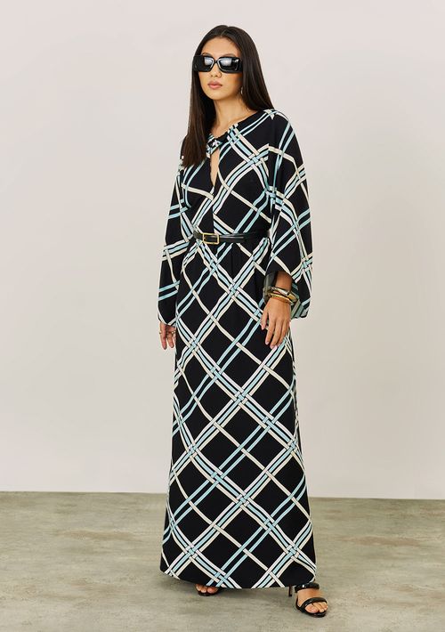 Vestido Iódice Solto Decote V Manga Longa Longo Preto