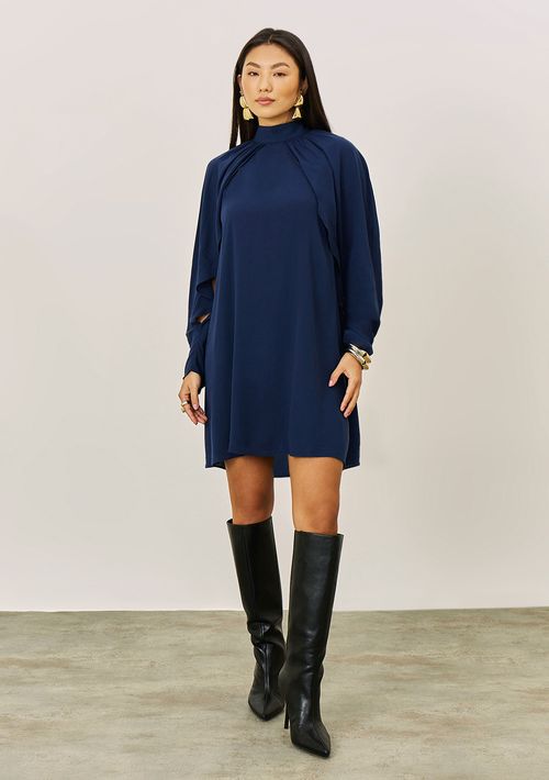 Vestido Iódice Solto Gola Alta Manga Longa Curto Azul