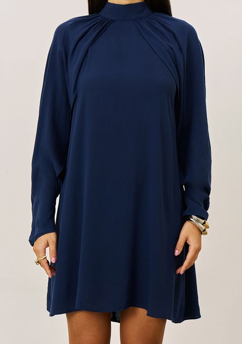 Vestido Iódice Solto Gola Alta Manga Longa Curto Azul